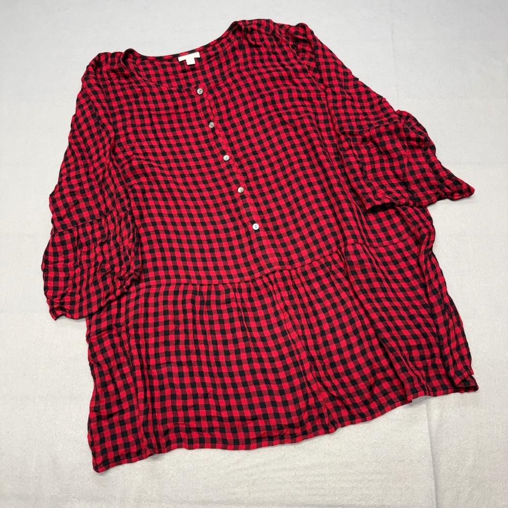 J. Jill Women 3X Red Black Gingham Plaid Peplum Top 3/4 Bell Sleeve Rayon Blouse